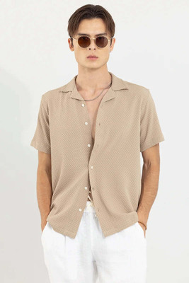 Snitch Men Self Design Casual Beige Shirt