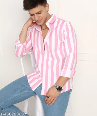 HKV FASHION Men Striped Casual Pink Shirt