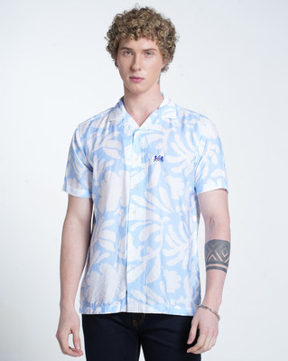 Double TWO Men Printed Casual Blue, White Shirt