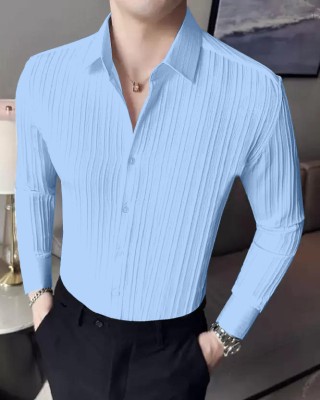 TorontoCN Men Self Design Casual Light Blue Shirt