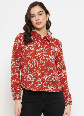 pecker Women Printed Casual Maroon, White Shirt