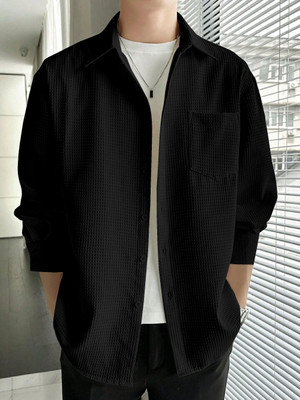 rocefas Men Solid Casual Black Shirt
