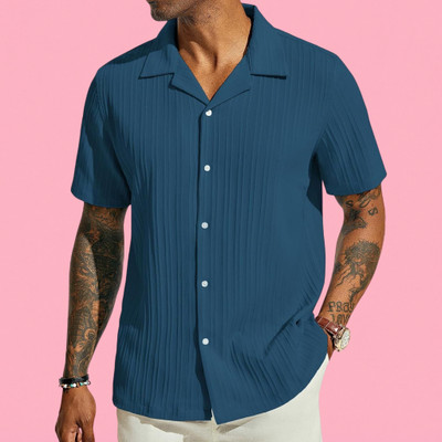 Looksky Men Self Design Casual Blue Shirt