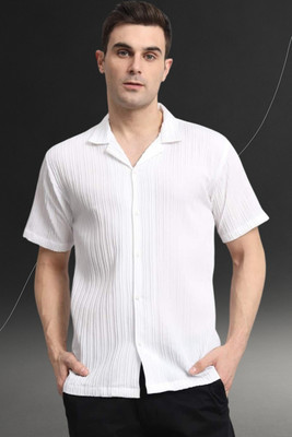 A DEEMOON TREND Men Striped, Self Design Casual White Shirt