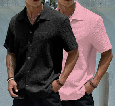 COMBRAIDED Men Solid Casual Pink, Black Shirt(Pack of 2)