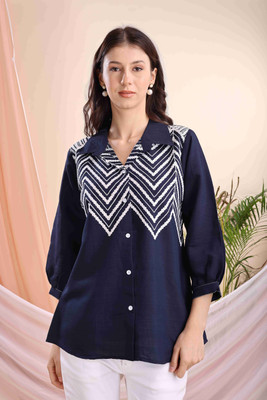 Kalavrund Creation Women Embroidered Casual Dark Blue Shirt