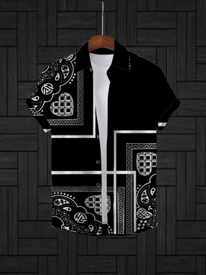 DapperMan Men Printed, Self Design Casual Black, White Shirt