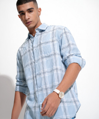 HIGHLANDER Men Checkered Casual Light Blue Shirt