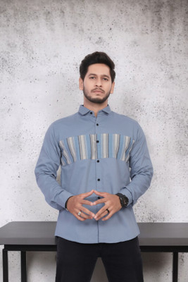U AND J TREND Men Striped Casual Blue Shirt