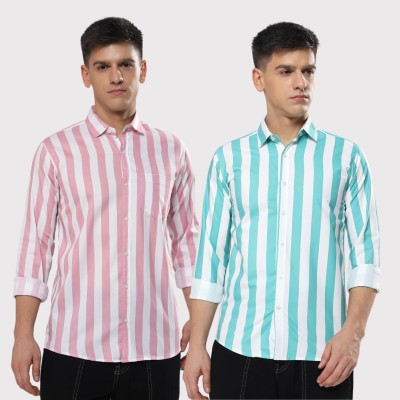 youth first Men Striped Casual Pink, Light Green Shirt(Pack of 2)