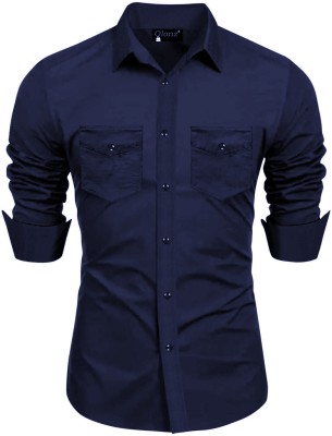 Qlonz Store Men Solid Casual Dark Blue Shirt