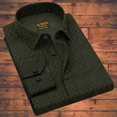 clinch fashion Men Self Design Casual Dark Green Shirt