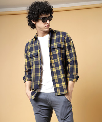 RIGO Men Checkered Casual Dark Blue Shirt