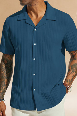 A DEEMOON TREND Men Striped, Self Design, Solid Casual Blue Shirt