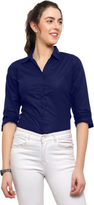 Navbond Women Solid Casual Blue Shirt