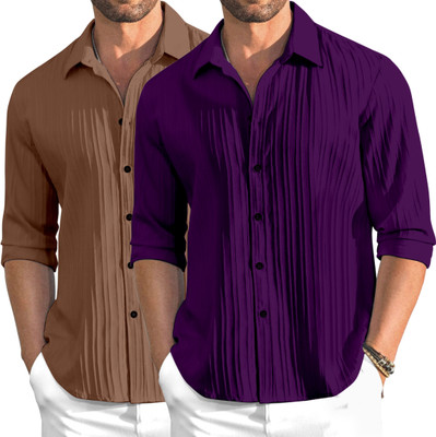 OXXOM Men Self Design Casual Brown, Purple Shirt(Pack of 2)