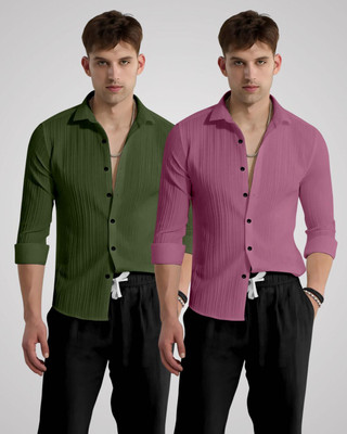 kruze Men Self Design Casual Green, Pink Shirt(Pack of 2)