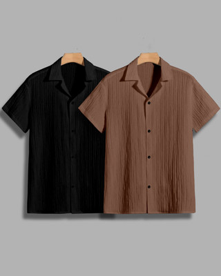 House of Vinay Men Self Design Casual Black, Brown Shirt(Pack of 2)