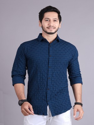 PEARL OCEAN Men Self Design Casual Dark Blue Shirt