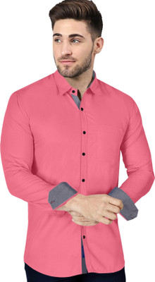 P & V Creations Men Solid Casual Pink Shirt