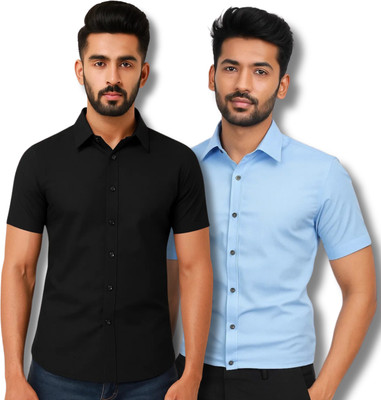 RAREMARK Men Solid Formal Black, Light Blue Shirt(Pack of 2)