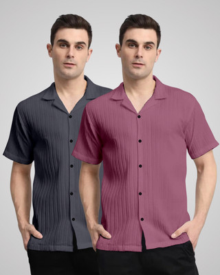 VK Couture Men Self Design, Striped Casual Grey, Pink Shirt(Pack of 2)