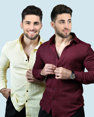 Marmic Fab Men Solid Casual Maroon, Yellow Shirt(Pack of 2)