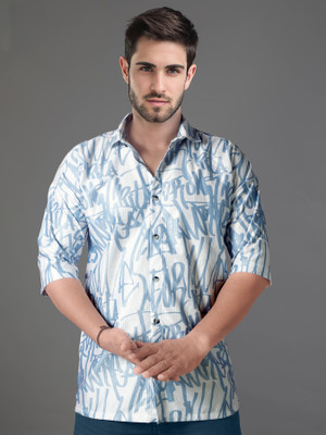 JUST BLACK Men Printed Casual Blue Shirt