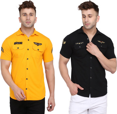 Money Leaf Men Solid Casual Black, Yellow Shirt(Pack of 2)
