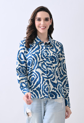 FUBACK Women Printed Casual Blue, White Shirt