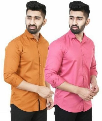 UPTOWNTEE Men Solid Casual Orange, Pink Shirt(Pack of 2)