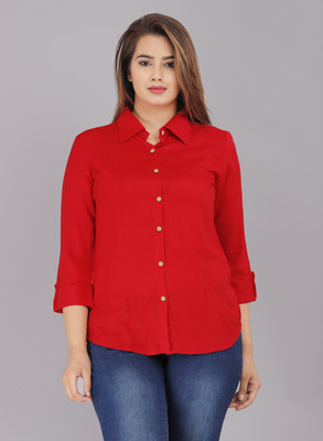 Demirner Women Solid Casual Red Shirt