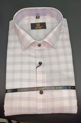 Scan Men Checkered Casual Beige Shirt