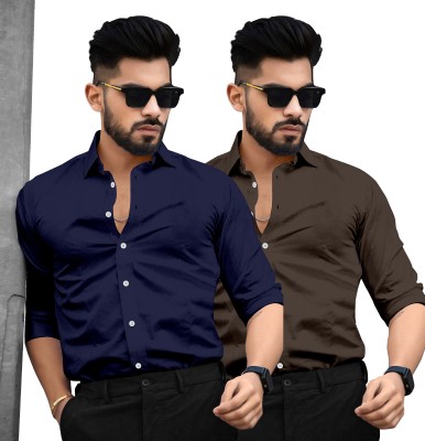 SAADIWALA Men Solid Casual Dark Blue, Brown Shirt(Pack of 2)