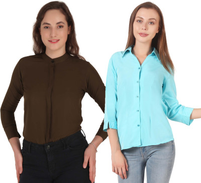 HEAVENS CREATIONS Women Solid Formal Brown, Light Blue Shirt(Pack of 2)