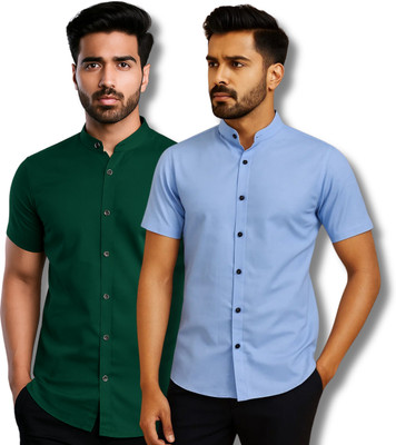 ModeNex Men Solid Casual Green, Light Blue Shirt(Pack of 2)