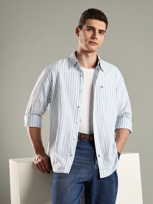 TOMMY HILFIGER Men Striped Casual Blue Shirt