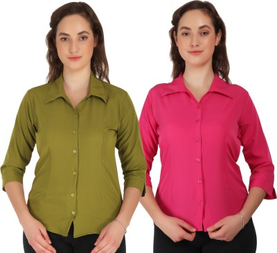 Giggles Women Solid Casual Green, Pink Shirt(Pack of 2)