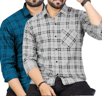 Click Everyday Men Checkered Casual Blue, Grey Shirt(Pack of 2)