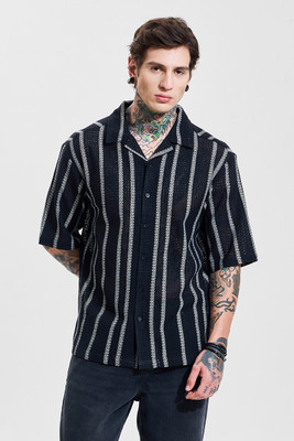 Snitch Men Striped Casual Black Shirt