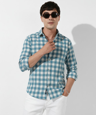 U TURN Men Checkered Casual Light Blue Shirt