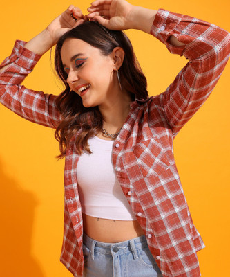 METRONAUT Women Checkered Casual Orange Shirt