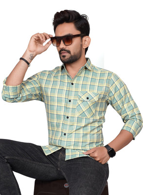 Tyzlo Men Checkered Casual Light Green, Blue, Yellow Shirt
