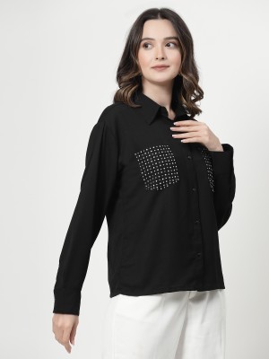 PLUSS Women Embellished Casual Black Shirt