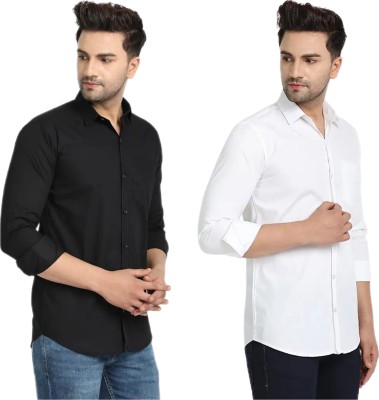 You berry fashion Men Solid Casual Black, White Shirt(Pack of 2)