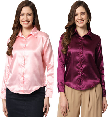 FUNDAY FASHION Women Solid Casual Pink, Purple Shirt(Pack of 2)