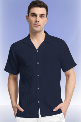 A DEEMOON TREND Men Solid Casual Dark Blue Shirt