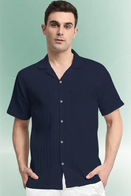 A DEEMOON TREND Men Solid Casual Dark Blue Shirt