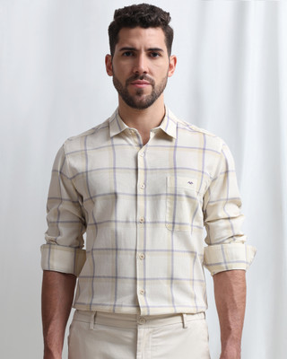 MUFTI Men Checkered Casual Beige Shirt