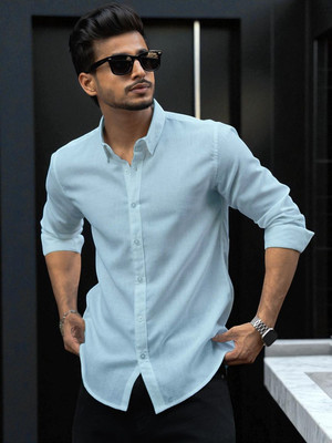 Yanthhi Men Solid Casual Light Blue Shirt